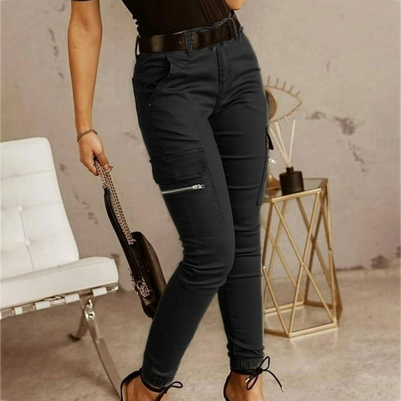 HOMBOM Casual Cargo Pants Women Black Casual Slim Straight Long Mid Elastic Waist Y2k Pants XXL