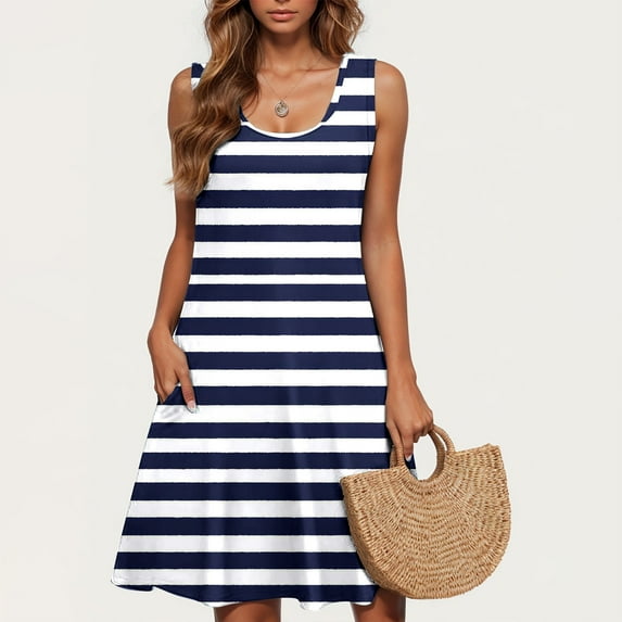 HOMBOM Casual Dresses for Women Blue Mid-Length Plus Size Sundress Sleeveless Crew Neck Striped Casual Dresses L