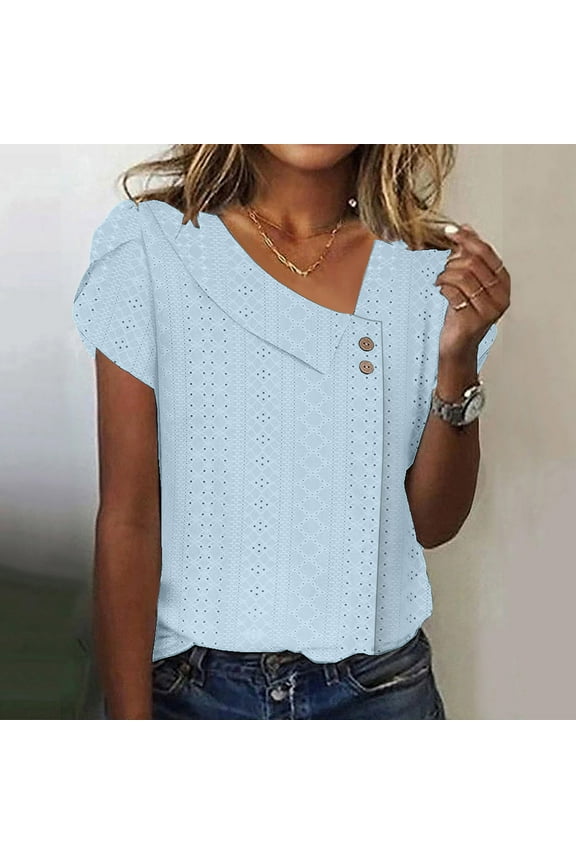 Casual Ladies Summer Tops Light Blue Short Sleeve Solid V-Neck T-Shirts L
