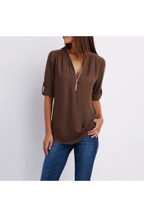 Casual Shirts for Women Short Sleeve Coffee V-Neck Solid Half Zip T-Shirts L