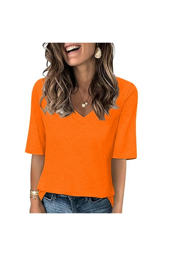 Casual Summer Tops Women Short Sleeve Orange V-Neck Solid T-Shirts XL