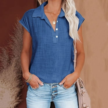 HOMBOM Casual Summer Tops for Women Blue Short Sleeve V-Neck Solid Button-Down Shirts XL
