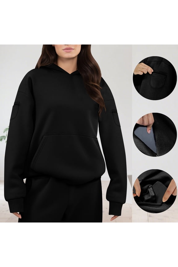 Casual Sweatshirt for Women with Pocket Pullover Long Sleeve Heavyweight Plain Black Womens Tops Hooded