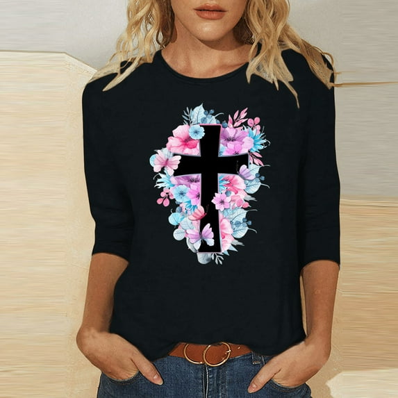 HOMBOM Casual Tops For Women Clearance Black 3/4 Sleeve Shirts Crew Neck Easter Cross Print Cute Easter Tops For Women L