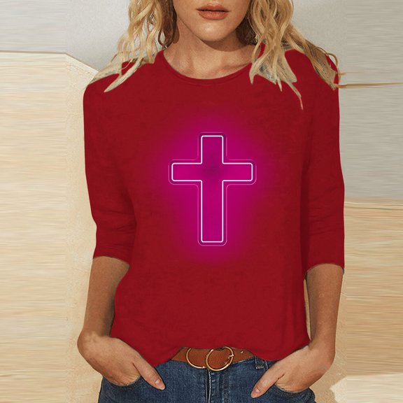 HOMBOM Casual Tops For Women Red 3/4 Sleeve Round Neck Shirts Easter Cross Print Easter Clothes Women XXXXL