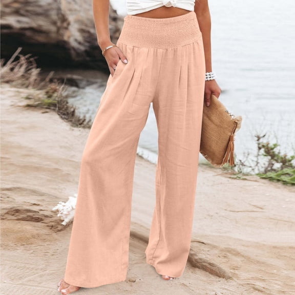 HOMBOM Casual Wide Leg Pants Women Pink Casual Cotton Linen Long Wide-Leg High Elastic Waist Y2k Pants XL