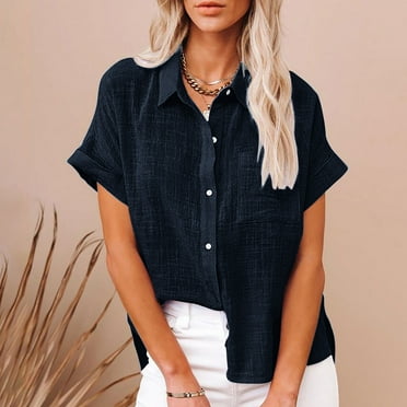 HOMBOM Casual Womens Shirts Under $5 Short Sleeve Navy V-Neck Solid Button-Down Shirts S