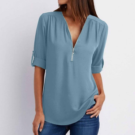 HOMBOM Casual Y2k Tops for Women Short Sleeve Blue V-Neck Solid Half Zip Tunic Blouse XXL