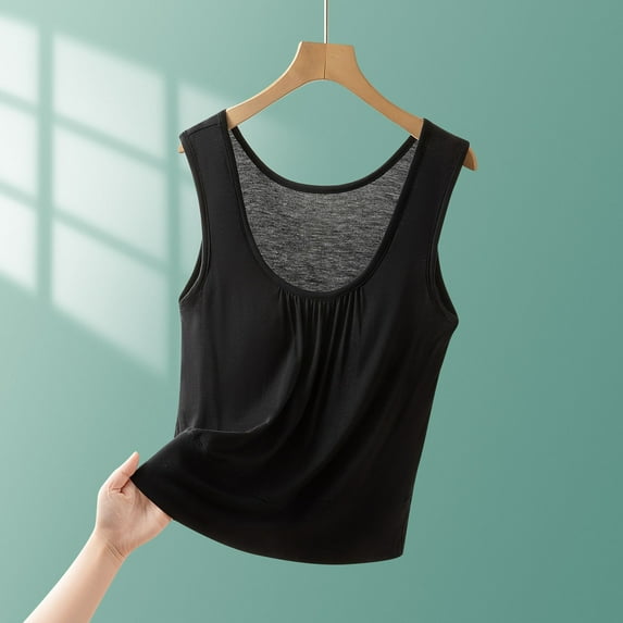 HOMBOM Chemise Summer Tops for Women Trendy Modal Built in Bras Black Solid Color Crew Neck Sleeveless Casual Basic Shirts
