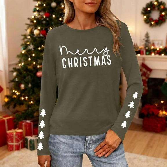 HOMBOM Christmas Shirts for Women Army Green Long Sleeve Casual Ugly Xmas Snowflakes Ladies Blouse