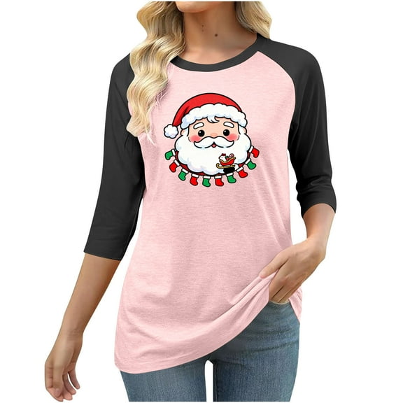 HOMBOM Christmas Shirts for Women Crewneck Business Pink Graphic Snowman Xmas 3/4 Sleeve Ladies Blouses