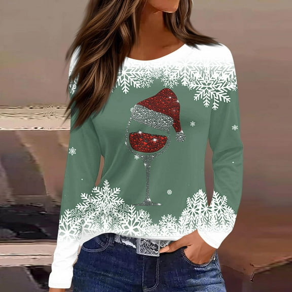 HOMBOM Christmas Shirts for Women Festive Green Snowflakes Long Sleeve Xmas Crewneck Ladies Blouse