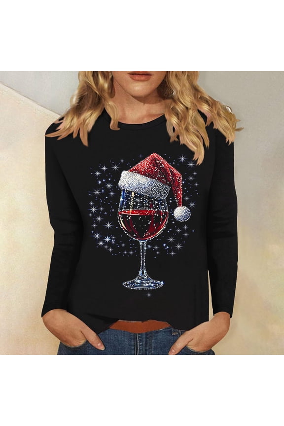 Christmas Shirts for Women Long Sleeve Graphic Pullover Black Xmas Merry Christmas Crewneck Females Tee Shirts