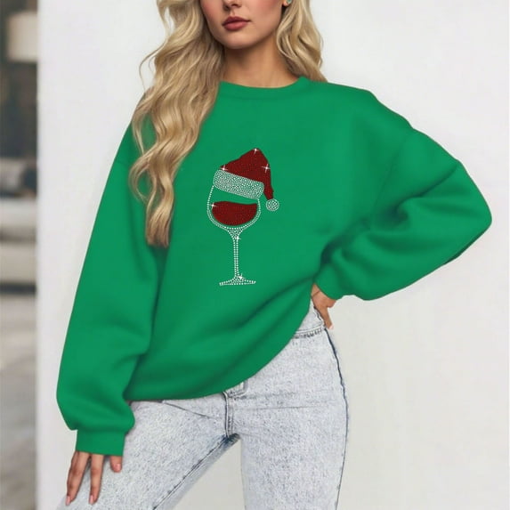 HOMBOM Christmas Sweatshirt for Women Pullover Rhinestone Wine Glass Crew Neck Holiday Green Winter Long Sleeve Womens Tops