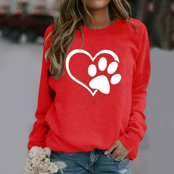 HOMBOM Christmas Sweatshirts for Women 2024 Red Loose Pullover Crew Neck Tops Casual Long Sleeve Heart Dog Paw Print Sweatshirt