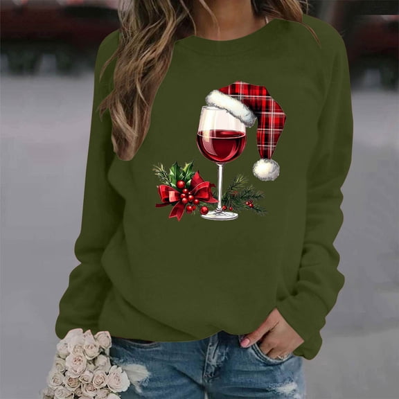HOMBOM Christmas Sweatshirts for Women Merry Crewneck Festive Fleece Army Green Wine Glasses Ladies Sweatshirt Fashion