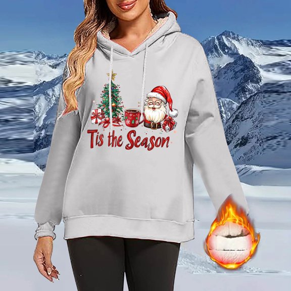 HOMBOM Christmas Sweatshirts for Womens Xmas Holiday Fleece Linend Pullover Hoodies Cute Santa White Party Long Sleeve Womems Shirts