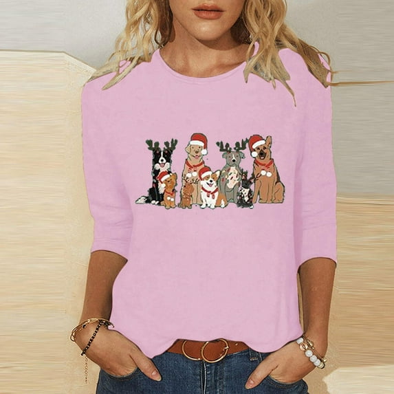 HOMBOM Christmas Tops for Women 3/4 Sleeve Cute Dressy Casual Pink Xmas Merry and Bright Womens Blouse Crewneck
