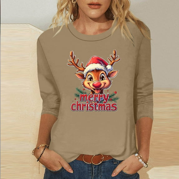 HOMBOM Christmas Tops for Women Crewneck Comfy Holiday Merry Christmas Khaki 3/4 Sleeve Xmas Womens T Shirts