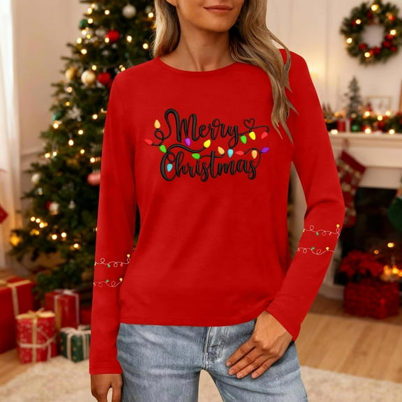 HOMBOM Christmas Tops for Women Red Fashion Long Sleeve Xmas Snowflakes Females Tee Shirts Graphic