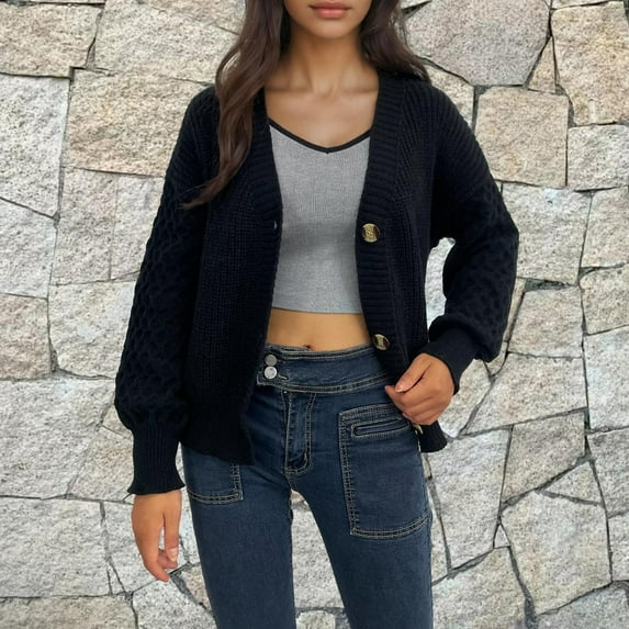 HOMBOM Chunky Sweater Women Crew Neck Black Cable Knit Casual Long Sleeve Solid Sweaters L