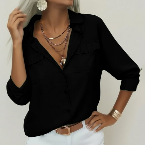 HOMBOM Classic Fit Polo Shirts for Women with Pocket Black Fall V-Neck Tops Solid Button down Collar Long Sleeve Ladies
