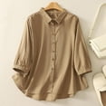 thumbnail image 1 of HOMBOM Collared Women Blouses 3/4 Sleeve Fall Coffee Loose Button Solid Color Cotton Linen Blouse, 1 of 7