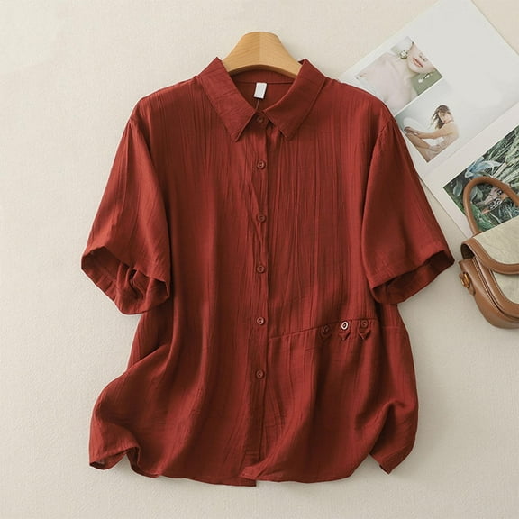 HOMBOM Collared Women T Shirts 3/4 Sleeve Brown Cotton Linen Fall Button down New arrivals Solid Color Blouse