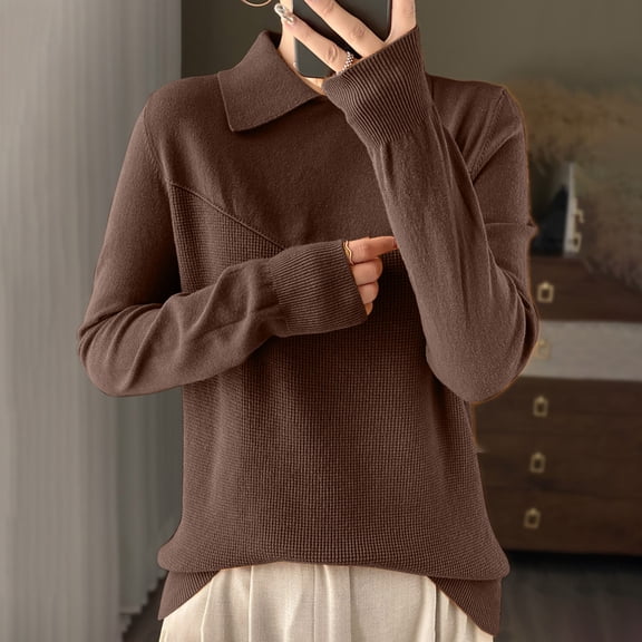 HOMBOM Collared Womens Sweaters Fall 2024 Brown Knit Pullover Tops Loose Solid Casual Long Sleeve Sweater 2XL