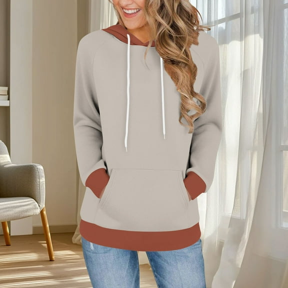 HOMBOM Colorblock Sweatshirt for Women Winter with Pocket Pullover Hooded Khaki Heavyweight Womens Tops