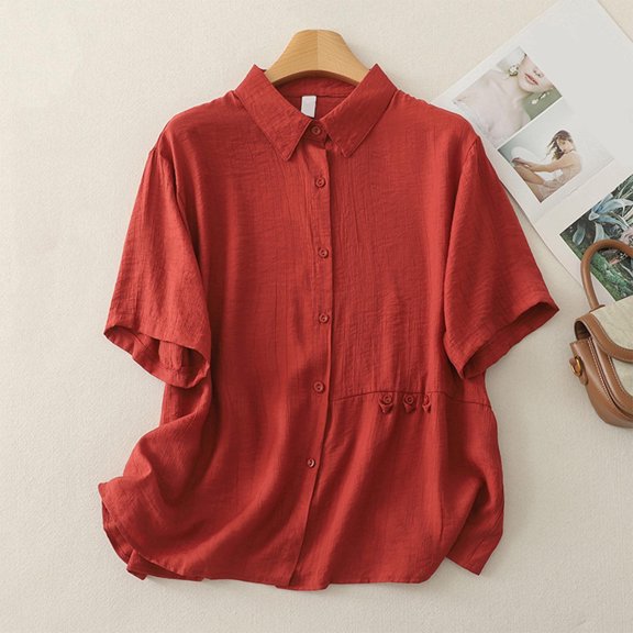 HOMBOM Cotton Linen Blouses for Women Collared Red 3/4 Sleeve Y2k New arrivals Button down Solid Color Blouse