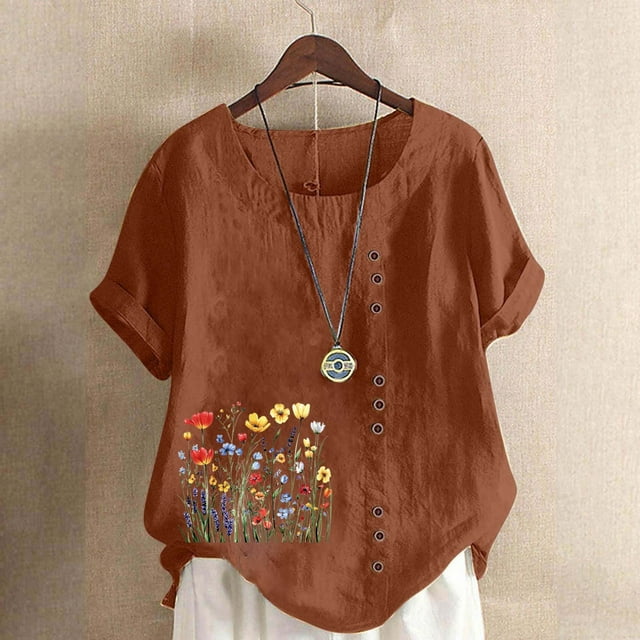 HOMBOM Cotton Linen Shirts for Women Button Short Sleeve Spring Brown Crewneck Womens Blouse Casual