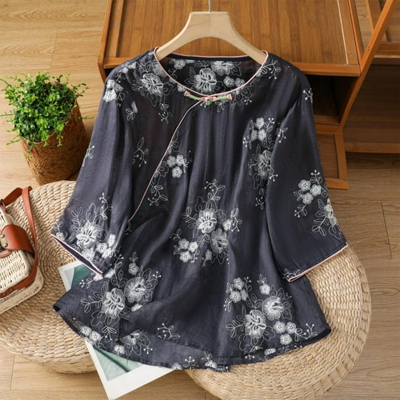 HOMBOM Cotton Linen Shirts for Women Dressy Navy 3/4 Sleeve Holiday Crew Neck Flower Loose Blouse