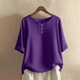 thumbnail image 1 of HOMBOM Cotton Linen Shirts for Women Rolled Sleeve Solid Purple Crewneck Short Sleeve Casual Ladies T Shirts Spring, 1 of 5
