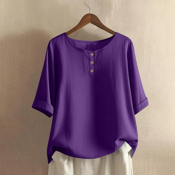 HOMBOM Cotton Linen Shirts for Women Rolled Sleeve Solid Purple Crewneck Short Sleeve Casual Ladies T Shirts Spring