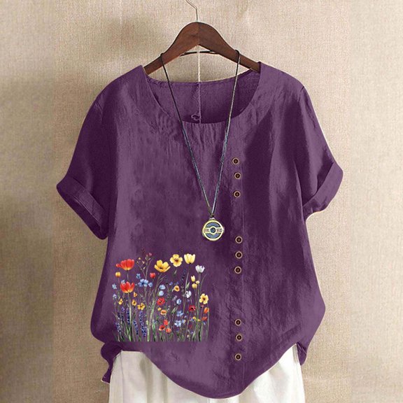 HOMBOM Cotton Linen Shirts for Women Spring Button Purple Crewneck Short Sleeve Floral Womens T Shirts