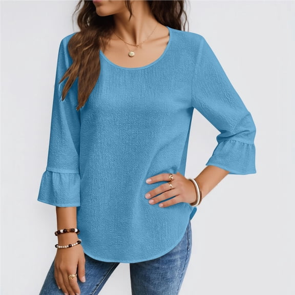 HOMBOM Cotton Linen Shirts for Women Spring Loose Fit Light Blue Solid 3/4 Sleeve V Neck Ladies Blouse Loose Fit