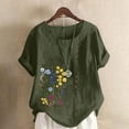 thumbnail image 1 of HOMBOM Cotton Linen Shirts for Women Summer Button Army Green Short Sleeve Floral Crewneck Ladies Blouse Dressy Casual, 1 of 5