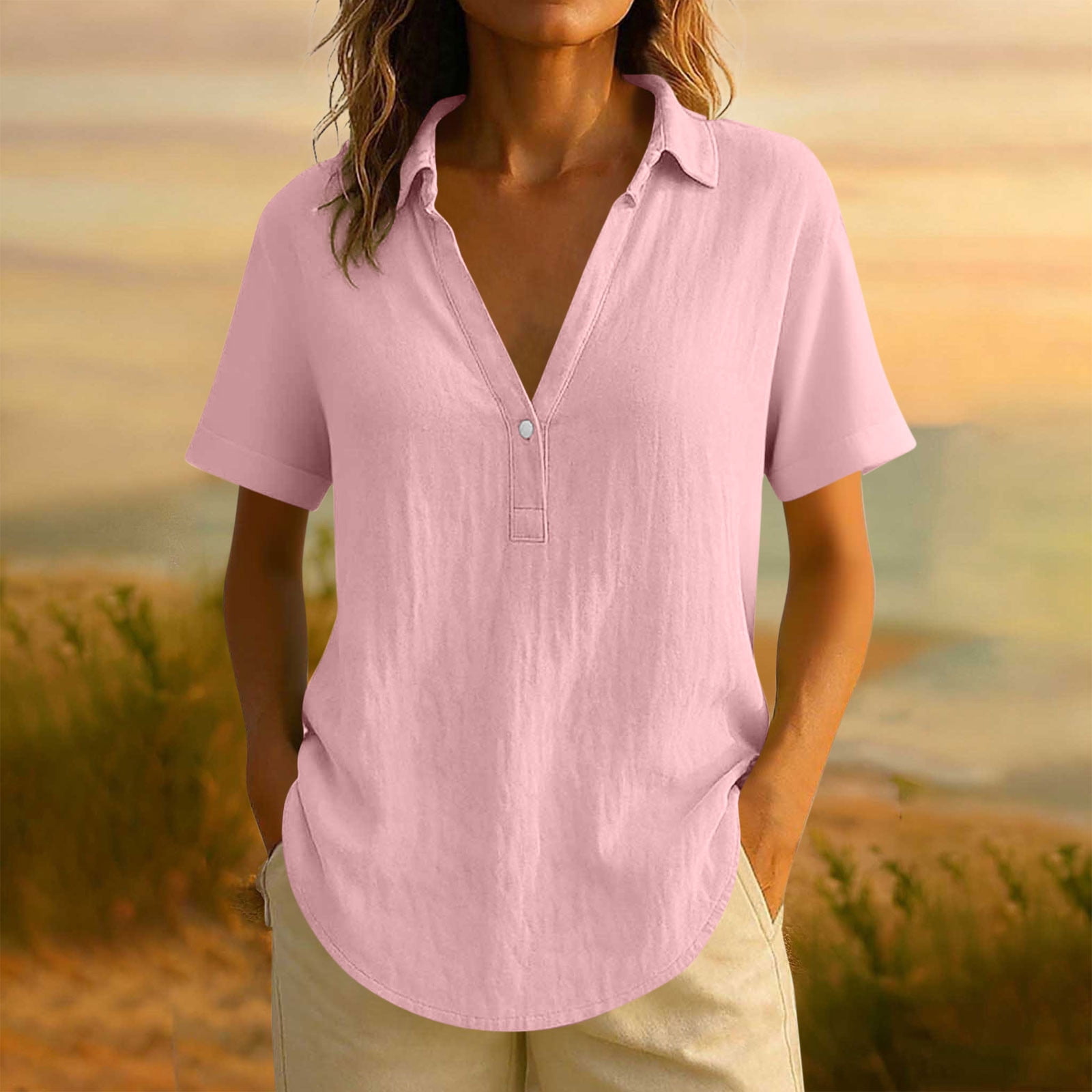 HOMBOM Cotton Linen Tops for Women Lapel Summer Pink Solid Short Sleeve ...