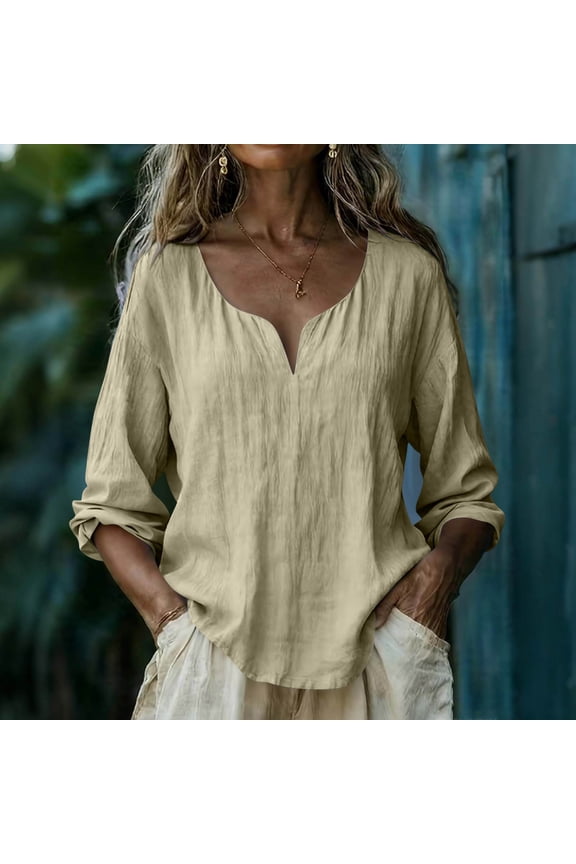 Cotton Linen Tops for Women Loose Fit Summer Long Sleeve Solid V Neck Khaki Womens Blouse Boho