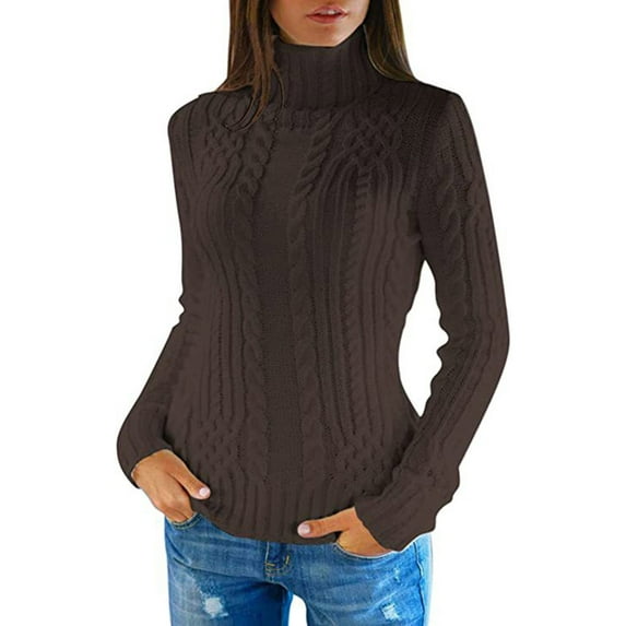 HOMBOM Cotton Sweaters for Women Turtleneck Brown Casual Cable Knit Solid Long Sleeve Sweaters XXXL