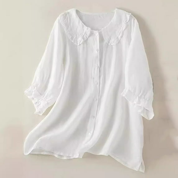 HOMBOM Cotton Tops for Women Casual White Short Sleeve Puff Sleeve Collared Solid Shirts M