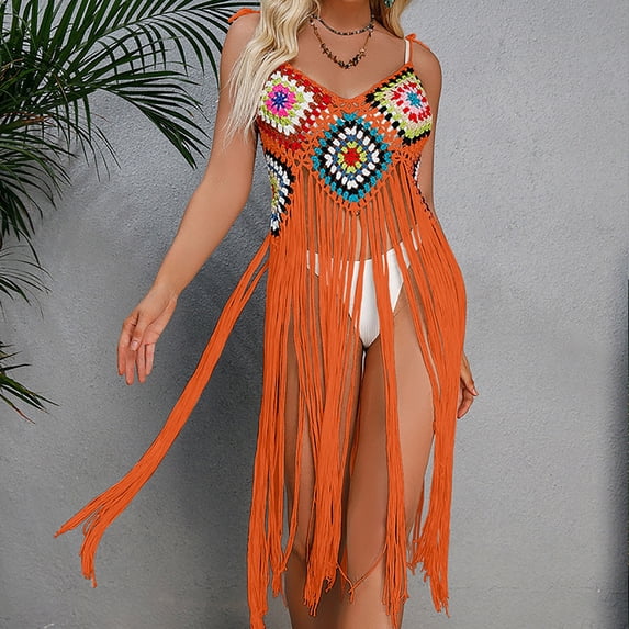 HOMBOM Cover Ups for Women Tassel Dresses V Neck Flower Embroidery Vacation Womens Boho Beach Cover-Up