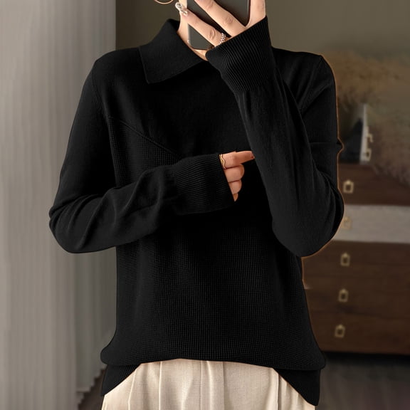 HOMBOM Cozy Sweaters for Women Black Collared Knit Pullover Tops Long Sleeve Solid Loose Casual Sweater XL