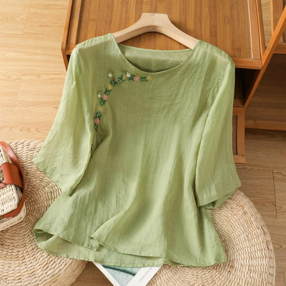 HOMBOM Crew Neck Blouses for Women Embroidered 3/4 Sleeve Green Dressy Cotton Linen Solid Color Loose Blouse