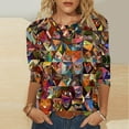 thumbnail image 1 of HOMBOM Crew Neck Blouses for Women Western Blue 3/4 Sleeve Cat Prints 2025 Cute Graphic T-Shirts, 1 of 5