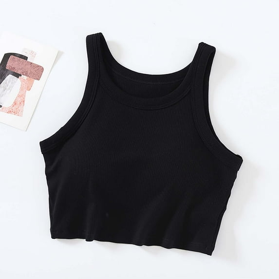 HOMBOM Crew Neck Camisoles Sleeveless Black Solid Color Crop Tops with Built in Bras Womens Summer Tops Clearance XL