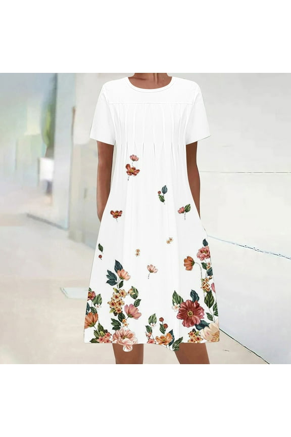 Crew Neck Dresses for Women Mid-Length White Short Sleeve Trendy A-Line Pocket 2025 Casual Vacation Ethnic Floral Dress 2XL