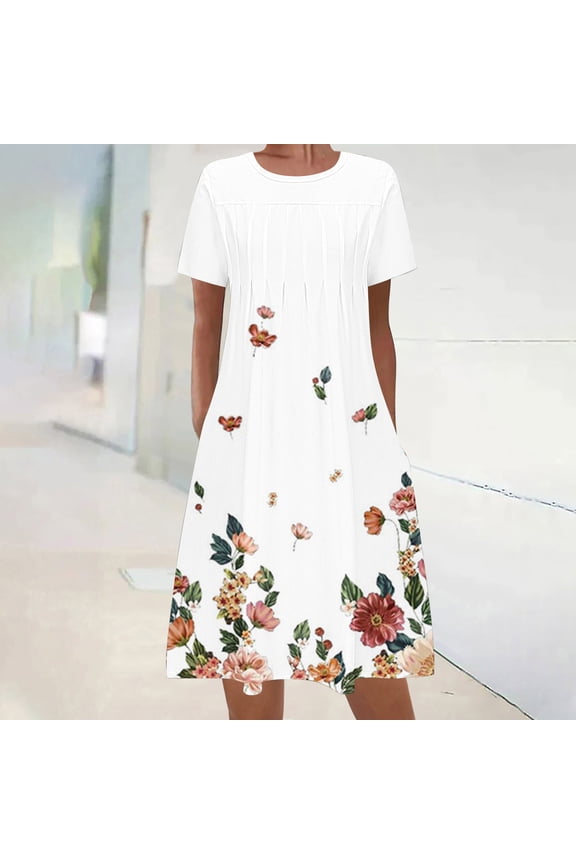 Crew Neck Dresses for Women White Summer Mid-Length Short Sleeve A-Line Ethnic Floral Pocket Vacation Casual 2024 Dress XL