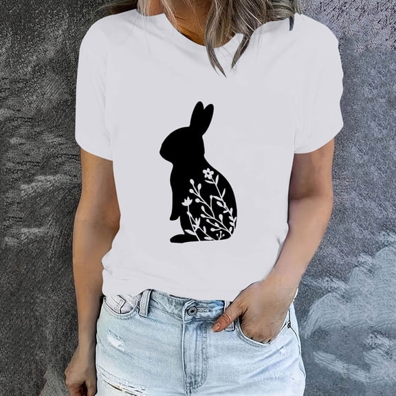 HOMBOM Crew Neck Easter Blouse Women White Short Sleeve T-shirt Easter Bunny Print Casual Tops for Women XXXL